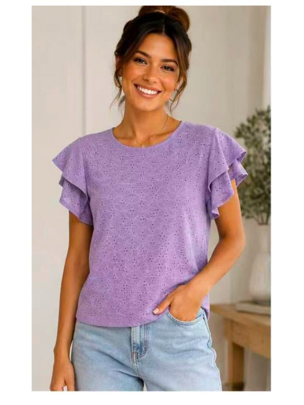 Women Fashion Summer Ruffle Sleeve Blouse - Lavender, S